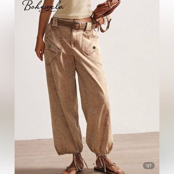 Bohemela Low elastic Waist cropped tan cargo pants with drawstring hem size S - Picture 1 of 14